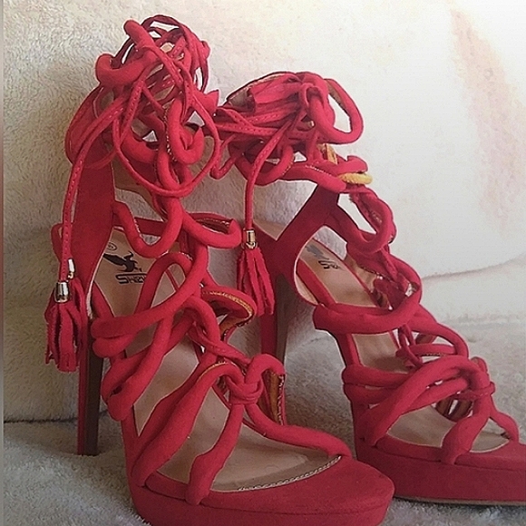 SHLEKH Red Suede Platform High Heel Shoes Ankle Strap  Heels Size 8M US - Picture 7 of 8